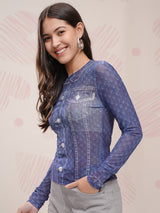 Women's Blue Casual Self Design Regular Fit Half Sleeves Top
