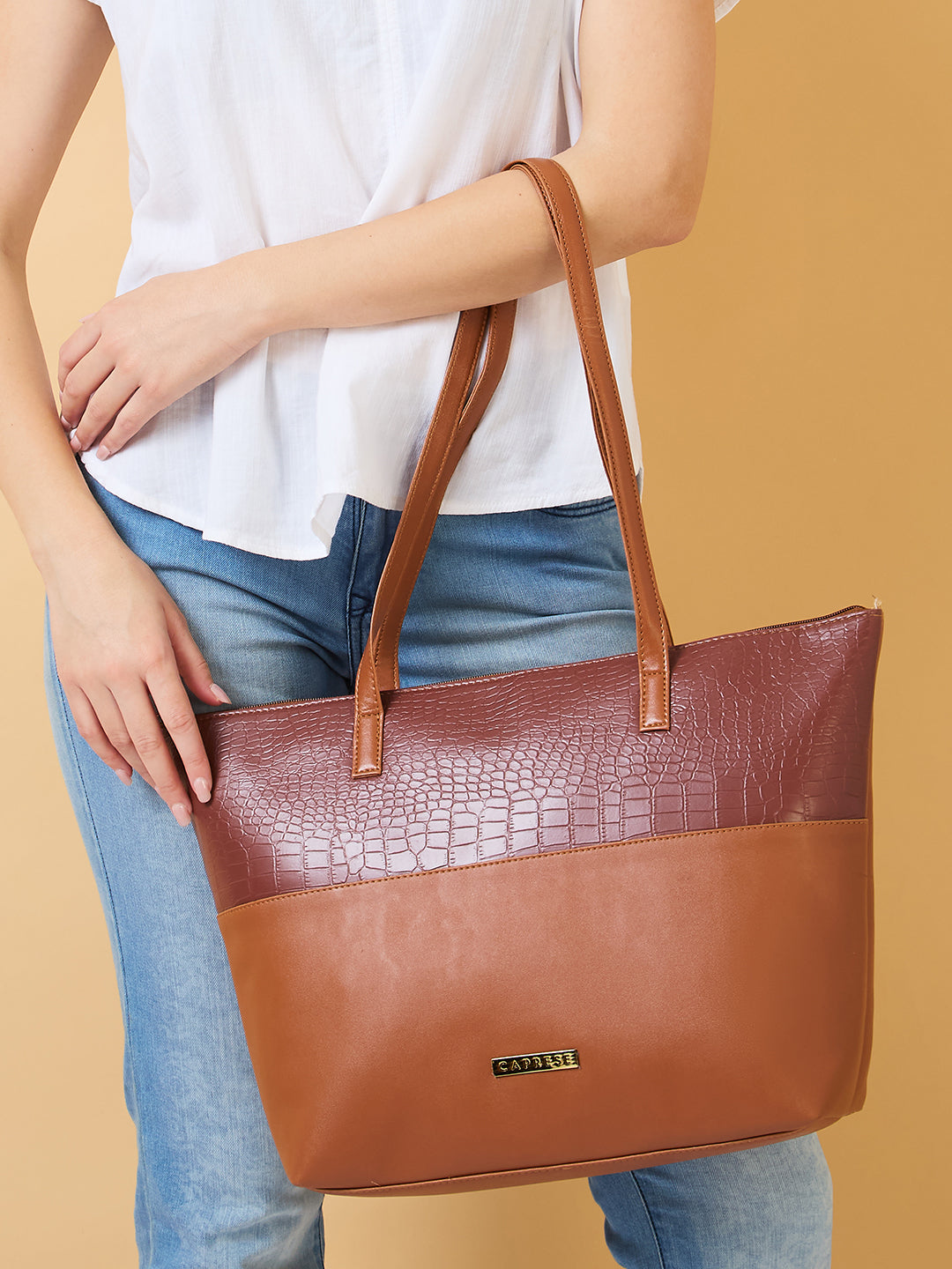 Women's Brown Faux Leather Tote Bag 16L