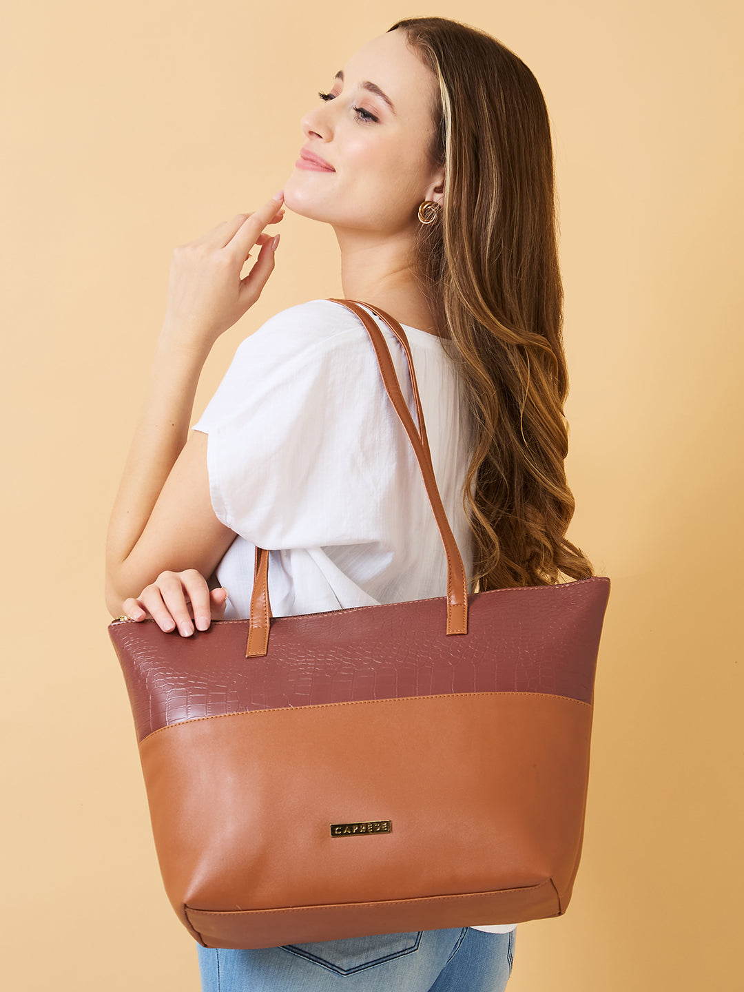Women's Brown Faux Leather Tote Bag 16L