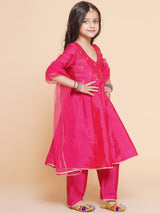 Girls Pink Angrakha Kurta with Trousers & Dupatta