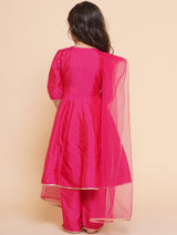 Girls Pink Angrakha Kurta with Trousers & Dupatta