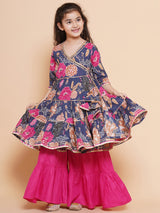 Girls Navy Blue Pink Floral Printed Angrakha Gotta Patti Kurta with Sharara