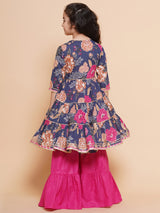 Girls Navy Blue Pink Floral Printed Angrakha Gotta Patti Kurta with Sharara