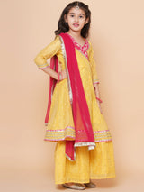 Girls Yellow Angrakha Gotta Patti Kurta with Sharara & Dupatta