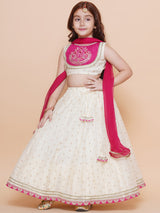 Girls Off White Jacquard Booti Lehenga & Pink Embroidered Choli Lehenga with Dupatta