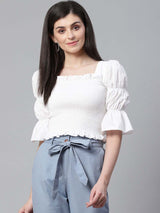 Women's White Smocked Fitted Pure Cotton Top