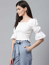 Women's White Smocked Fitted Pure Cotton Top