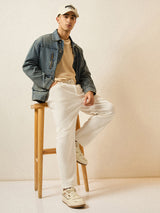 Men's White Casual Straight Fit Striped Chinos