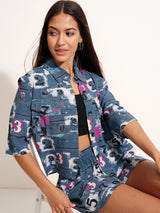 Women's Blue Printed Shirt & Shorts Co-Ords Set