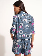Women's Blue Printed Shirt & Shorts Co-Ords Set