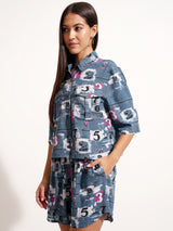 Women's Blue Printed Shirt & Shorts Co-Ords Set