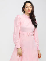 Women's Pink Ethnic Solid Regular Fit Full Sleeves Dress