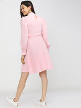 Women's Pink Ethnic Solid Regular Fit Full Sleeves Dress