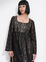 Women's Black Ethnic Self-Design Regular Fit Full Sleeves Dress
