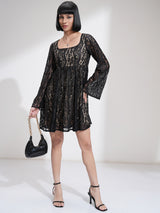 Women's Black Ethnic Self-Design Regular Fit Full Sleeves Dress