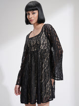 Women's Black Ethnic Self-Design Regular Fit Full Sleeves Dress