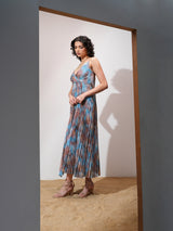 Women's Blue Ethnic Abstract Regular Fit Sleeveless Dress