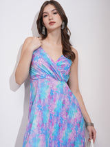 Women's Blue Ethnic Abstract Regular Fit Sleeveless Dress