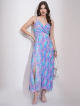 Women's Blue Ethnic Abstract Regular Fit Sleeveless Dress