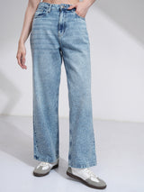 Women's Light Blue Casual Solid Straight Fit Jeans