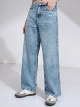 Women's Light Blue Casual Solid Straight Fit Jeans