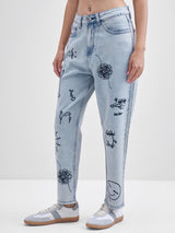 Women's Light Blue Casual Solid Mom Fit Jeans