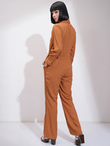Women's Brown Casual Solid Regular Fit Full Sleeve Jumpsuit