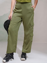 Women's Olive Casual Solid Regular Fit Cargos