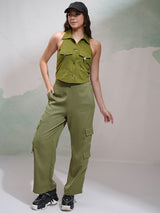 Women's Olive Casual Solid Regular Fit Cargos