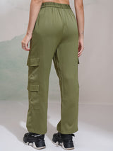 Women's Olive Casual Solid Regular Fit Cargos