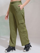 Women's Olive Casual Solid Regular Fit Cargos