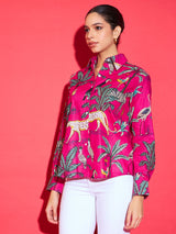 Women's Pink Casual Printed Regular Fit Full Sleeves Shirt
