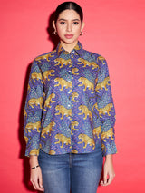 Women's Blue Casual Printed Regular Fit Full Sleeves Shirt