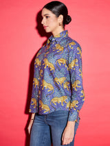 Women's Blue Casual Printed Regular Fit Full Sleeves Shirt