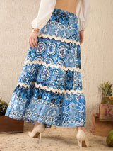 Women's Blue Ric-Rac Cotton Tiered Midi Skirt