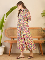 Women's Pink Front Pleated Floral Midi Dress