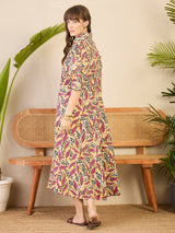 Women's Pink Front Pleated Floral Midi Dress