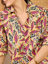 Women's Pink Front Pleated Floral Midi Dress