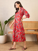 Women's Red Front Pleated Cotton Midi Dress