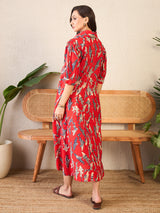 Women's Red Front Pleated Cotton Midi Dress