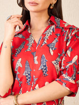 Women's Red Front Pleated Cotton Midi Dress