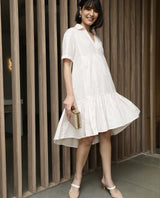 Women's Loaf Pink Shirt Collar Short Sleeves With Pocket Tiered Knee Length Dress