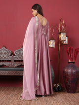 Women's Mauve Embroidered Kurta With Tonal Sequence Net Dupatta