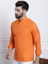 Men's Orange Fusion Solid Long Sleeves Short Kurta