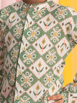 Boys Green Festive Printed Full Sleeves Kurta with Pyjama