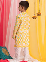 Boys Yellow Festive Printed Full Sleeves Kurta with Pyjama