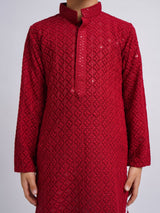 Boys Red Rayon Schifli Embroidered Kurta with White Pyjama Set