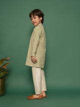 Boys Green Rayon Schifli Embroidered Kurta with Cream Pyjama Set