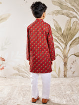 Boys Red Cotton Floral Printed Pintuck Kurta with White Pyjama Set
