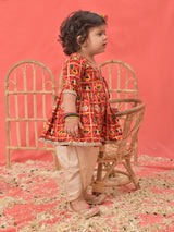 Girls Red Rayon Angrakha Pattern Patola Printed Dhoti Kurta Set